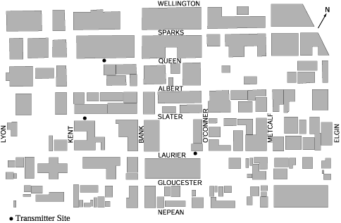 图 1：显示街道名称和发射机位置的渥太华地图