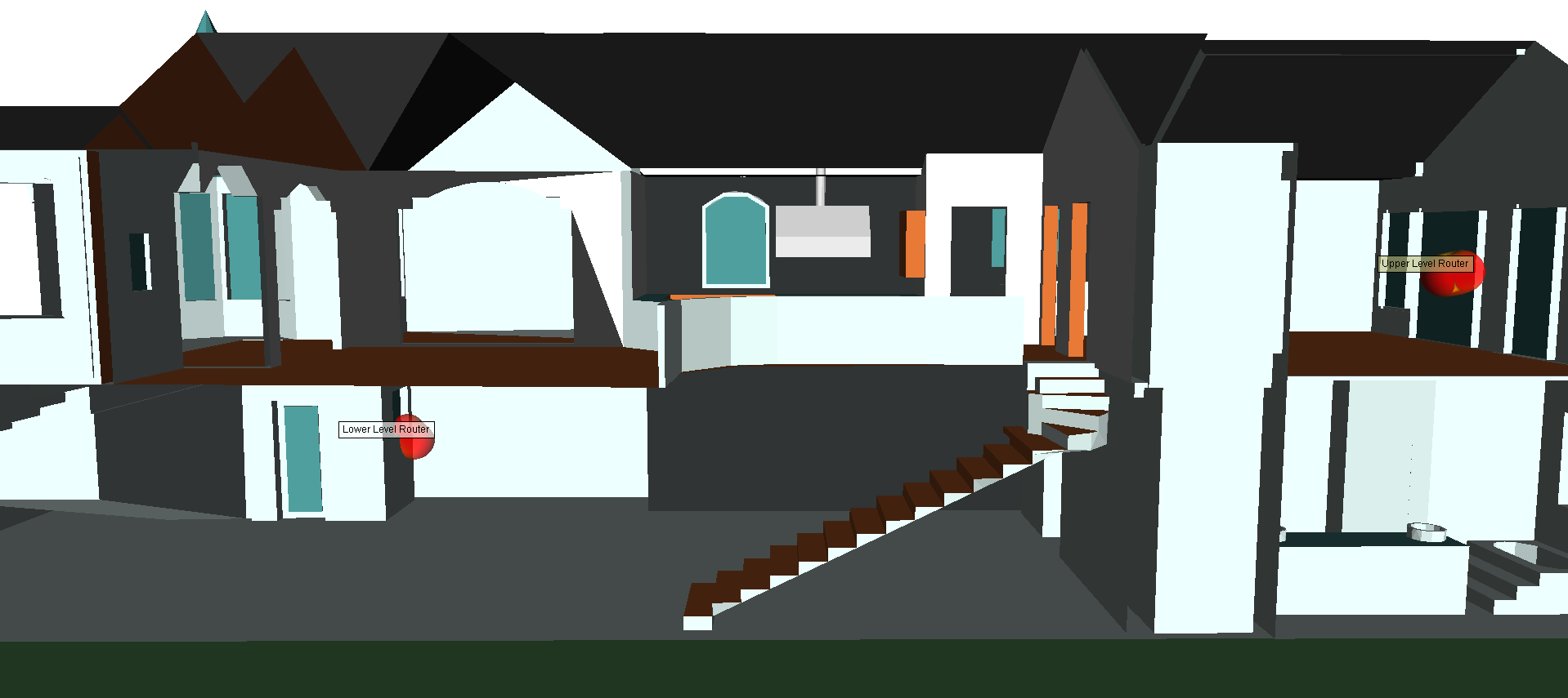  图 1：发射路由器（红色远场图案）在房屋几何范围内的位置。