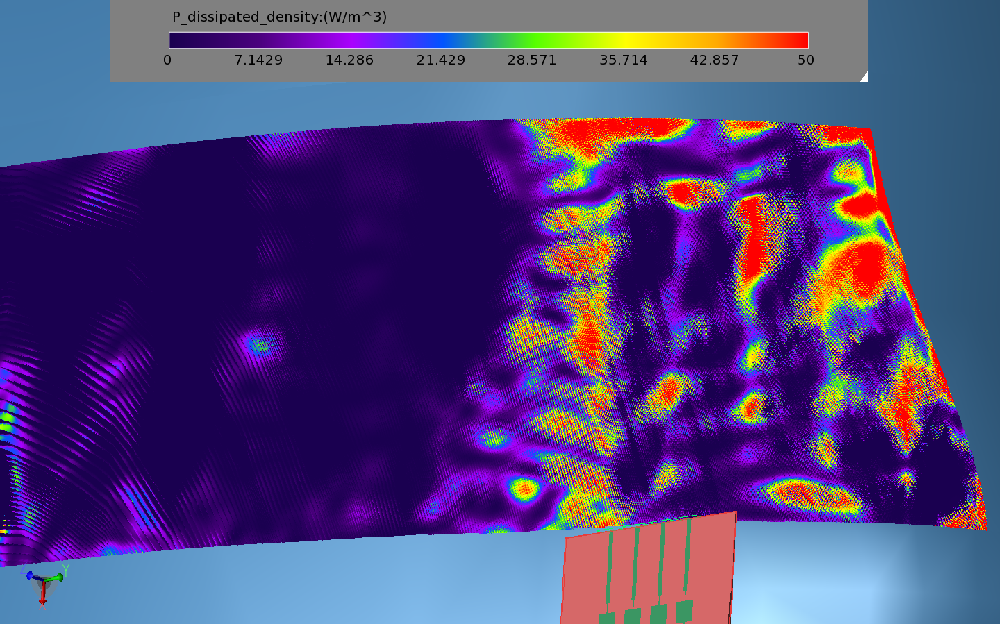 图 13：软件计算并显示辐射阵列在头部模型表面的耗散功率。