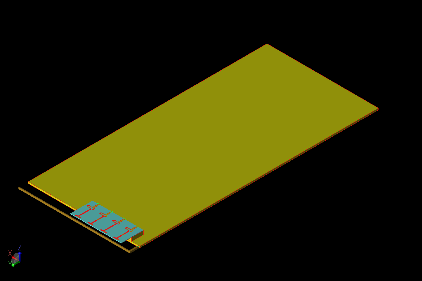 图 1：智能手机设计以三维 CAD 表示，4G 天线和 5G 阵列结构位于大型地平面一端的左侧。