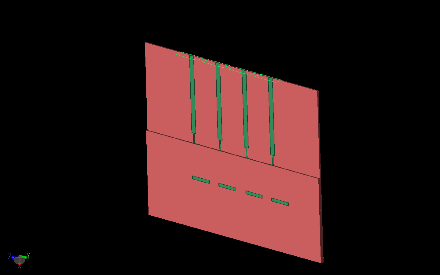 图 2：天线阵列的三维图，顶部衬底层的边缘在贴片上更加明显。阵列顶部可见四个节点波导馈电端口。
