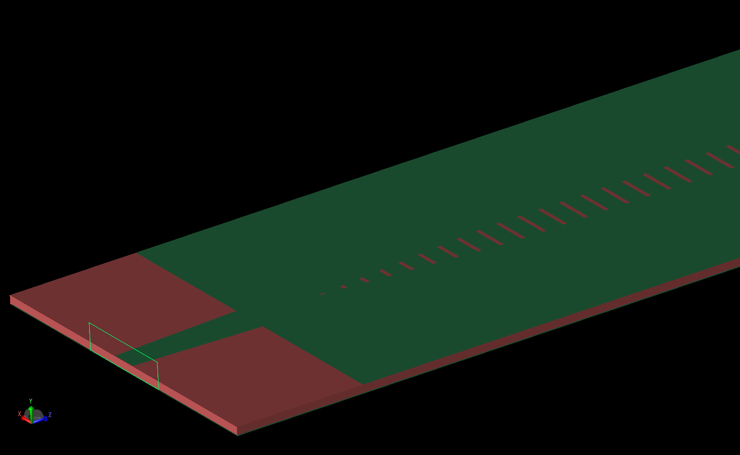 图 3：天线从一个端口的斜视图，显示了与锥形线相连的节点波导端口、基底层的厚度以及开槽顶层的一部分。