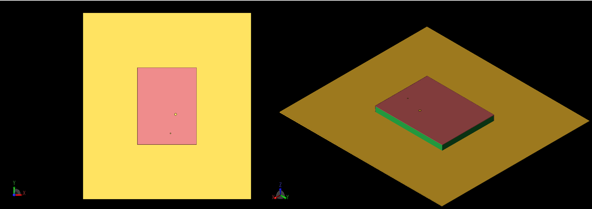 图 1：贴片天线几何形状的俯视图（左图 1a）和斜视图（右图 1b）。同轴馈线和通孔在贴片顶部以大小圆圈的形式显示。贴片的 -X 和 -Y 侧与地平面短接。
