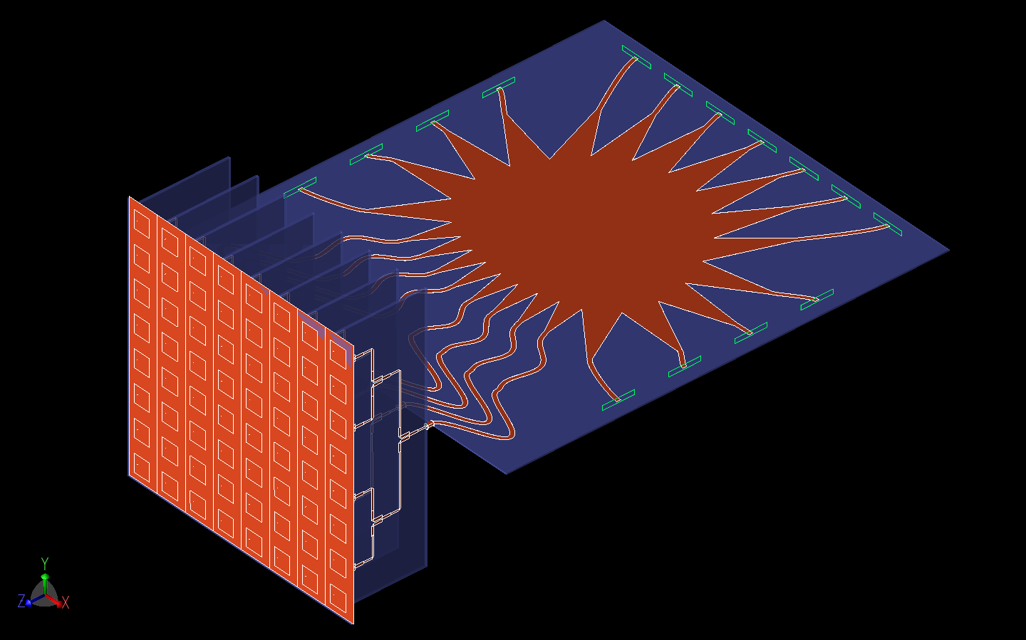 图 14：这里显示的是由罗特曼透镜输入、威尔金森功率分配器级和 8x8 贴片天线阵列组成的完整系统的三维 CAD 模型。