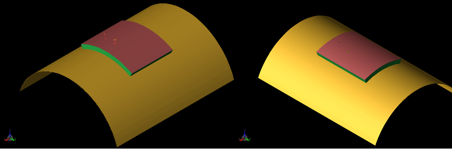 图 7：贴片为曲线配置，曲线半径为 40 毫米。左边（7a）的曲率围绕 X 轴，右边（7b）的曲率围绕 Y 轴。我们还模拟了曲率半径为 80 毫米的类似几何形状。
