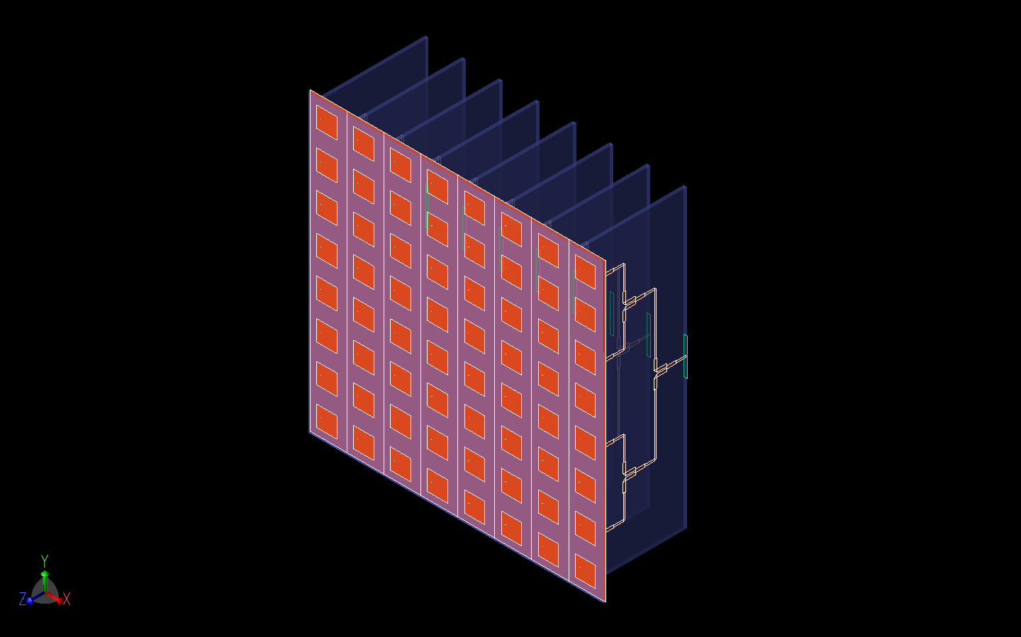 图 8：图中显示的是 8x8 贴片天线阵列和连接到天线上的八个威尔金森功率分配器的三维 CAD 图。在这里，罗特曼透镜被天线上的八个输入波导端口所取代。