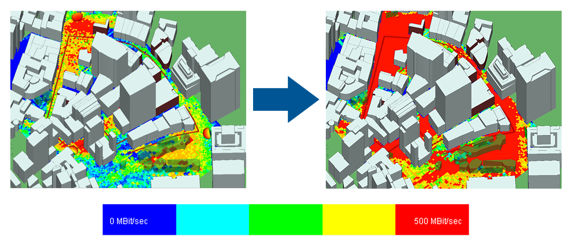 单天线（左）与 MIMO 波束成形（右）的并排对比，显示市中心区域的吞吐量。