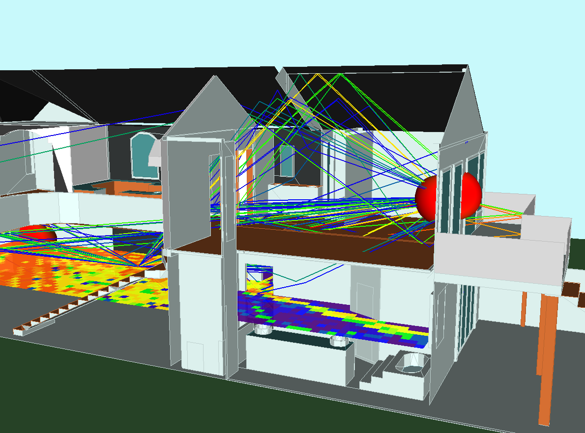 无线 InSite 模拟房屋中的无线局域网，显示传播路径和吞吐量。