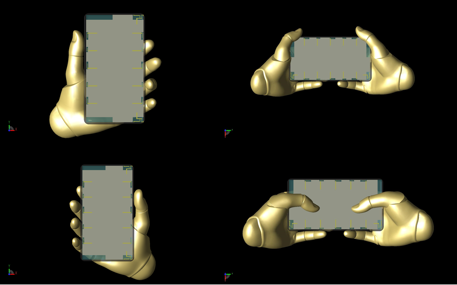 图 15：所示为研究中使用的 "可摆姿势的手 "模型的四个位置，这些位置是通过 XFdtd 中的控件定位的。从左上角开始顺时针方向依次为：左手握住、双手放在两侧、双手打字和右手握住。