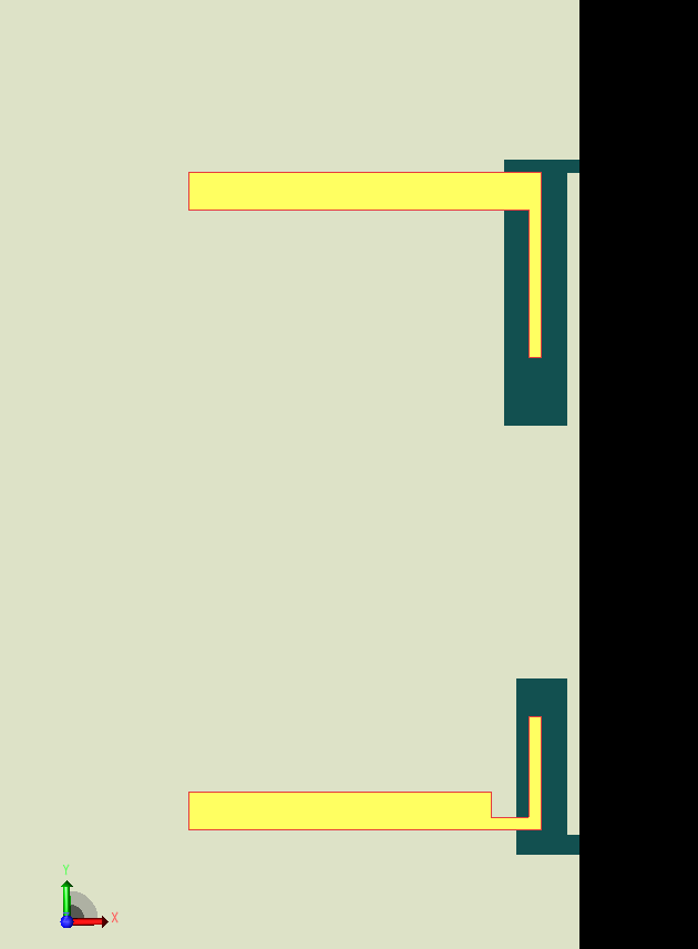 图 3：在 XFdtd 接口视图的顶部，是位于设备边缘、用于 3.6 GHz 操作的长臂开槽（LA）天线。底部是用于 5.5 GHz 的短臂开槽（SA）天线。
