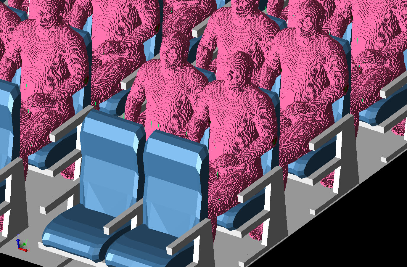 图 4 飞机机舱的三维视图，部分座椅上的 VariPose 人员已就位。除第一排和最后一排外，飞机上的所有座位都有人员就座。