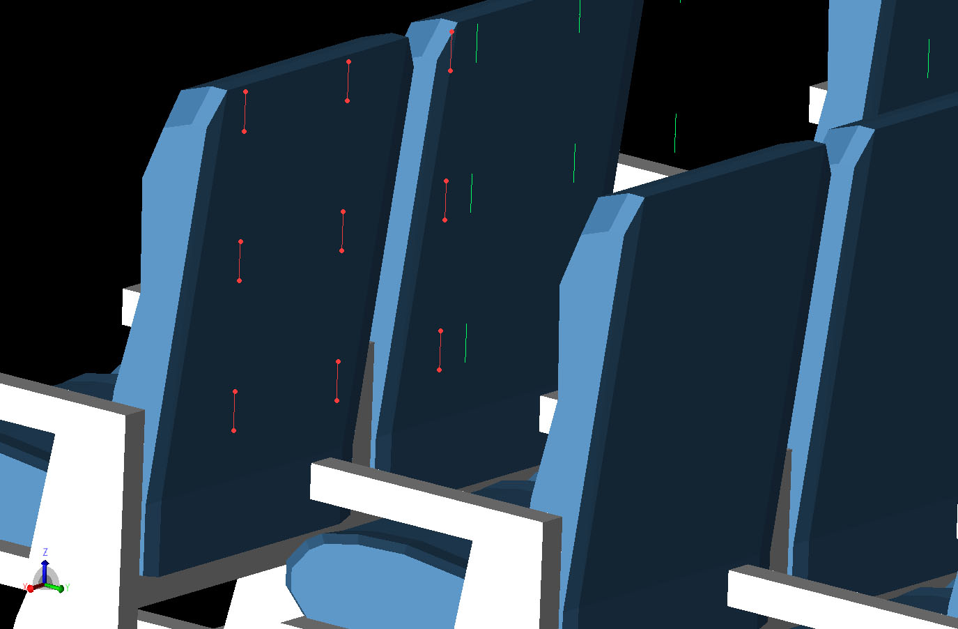 图 3 3x3 网格的传感器位置定义为偶极子，显示在其中一个座椅靠背位置的后面。在车厢的前三列座椅中，每隔一排座椅后都有一个传感器网格。