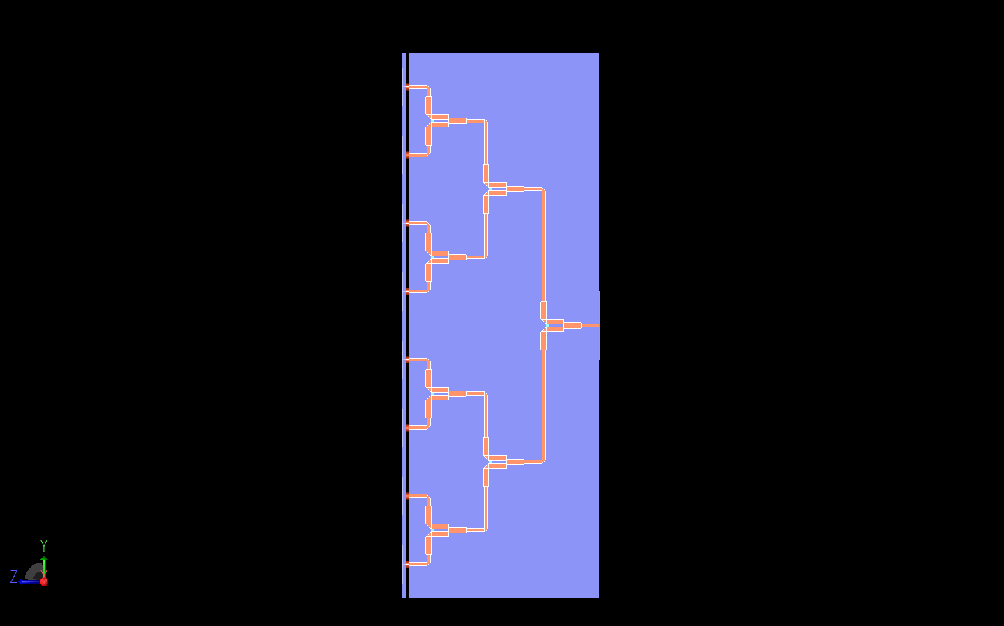 图 9：所示为威尔金森功率分配器的侧视图，清楚地显示了分配信号的三个阶段。