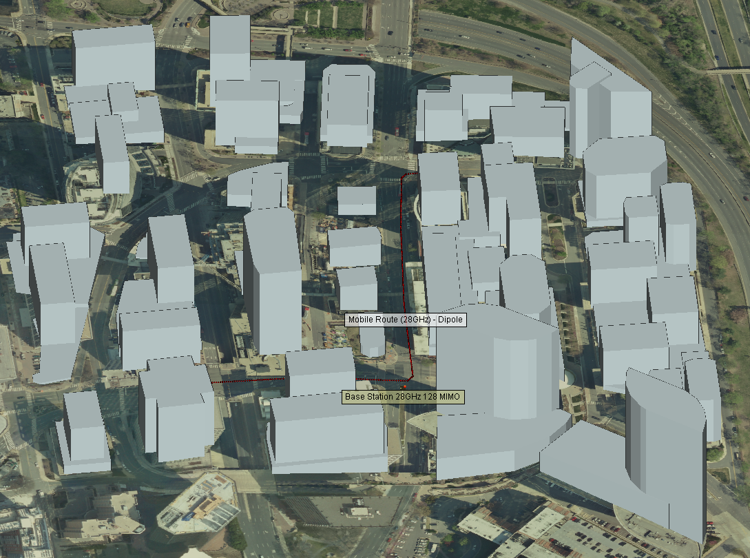图 2：128 元 Massive MIMO 阵列位于离地面几英尺高的 Tx 点上，并在市中心区域设置了移动 Rx。