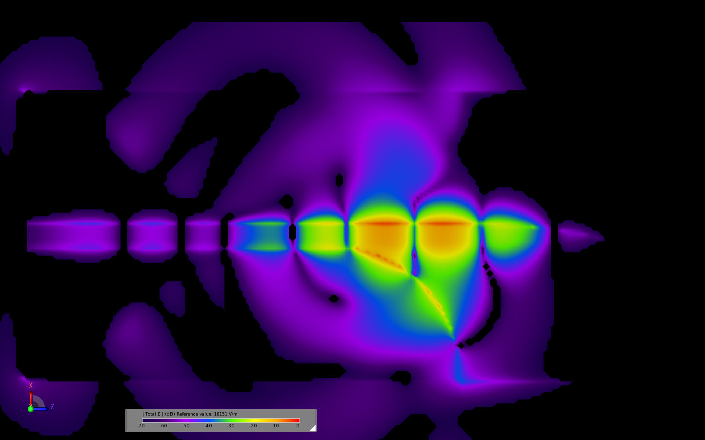 图 13 0.524 ns 时天线中心的瞬态电场分布。