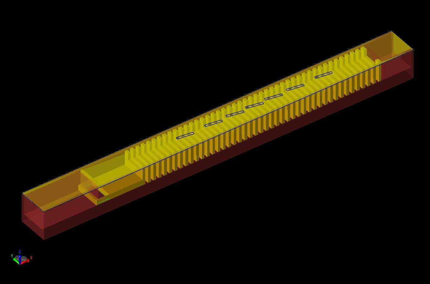 图 1 XFdtd 中构建的几何图形的 CAD 视图，显示了 CRLH 波导和辐射槽。
