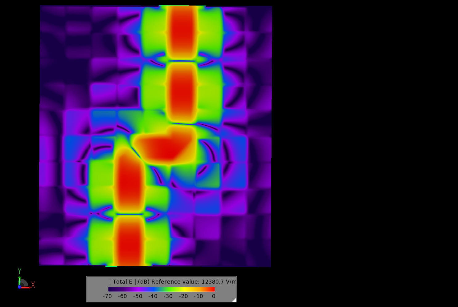 图 7 EBG 表面和箱体金属盖之间空气区域中心 9 GHz 时的稳态电场分布。图中显示，电场紧紧局限于微带区域。
